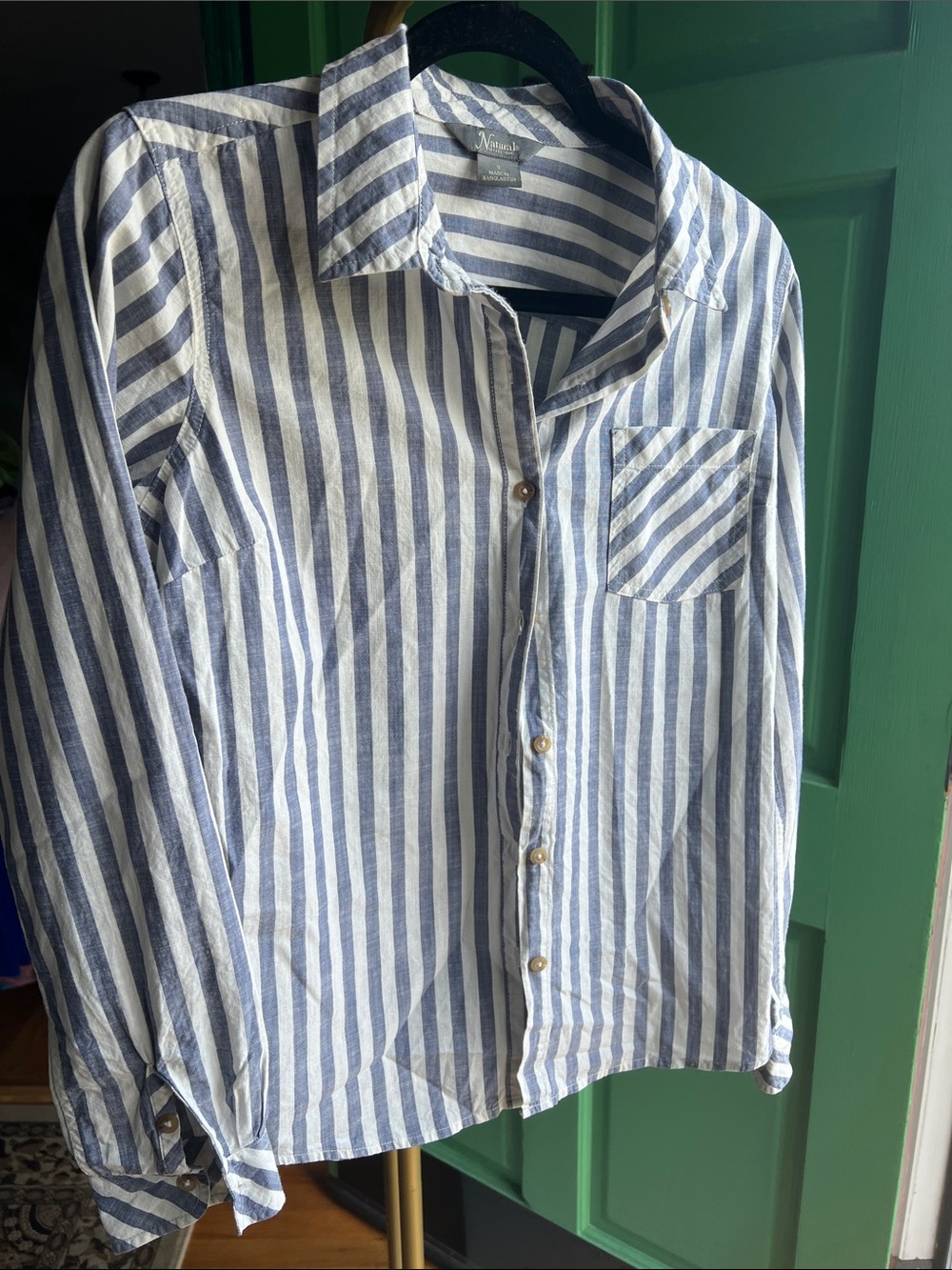 Natural Reflection blue & white 💯 cotton Stripe Button-Down Shirt 👚 size small